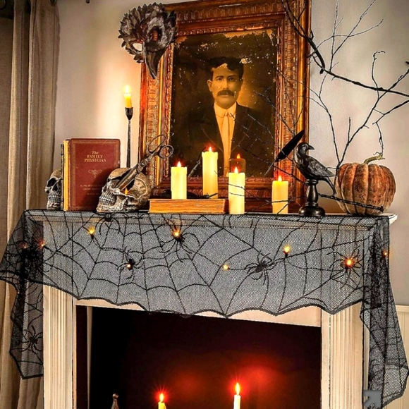 Spirit Other - Black lace light up spider web mantel scarf 96"
